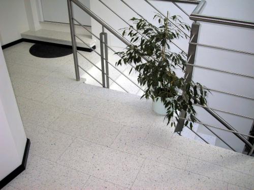 Terrazzo Kennha Treppenstufen mit einem dynamischen Muster aus verschiedenfarbigen Steinfragmenten, eingebettet in einen cremefarbenen Hintergrund, der den Stufen eine moderne und ansprechende Optik verleiht.